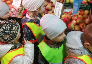 Kilkoro dzieci stoi w sklepie przed skrzynkami z jabłkami.