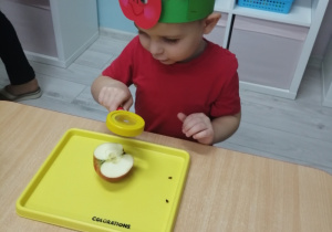Mikołaj siedzi przy stoliku i ogląda przez lupę przekrojone jabłko, które leży na żółtej tacy.
