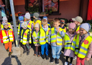 Wspólne zdjęcie dzieci z grupy Biedronek przed sklepem owocowo - warzywnym.
