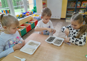 Alicja, Hubert i Alicja wykonują przy stole woreczki sensoryczne. Dzieci wsypują wybrane przez siebie produkty: słonecznik, kaszę, ryż.