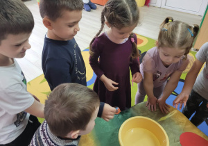 Wróżba "Słomki przyjaźni" - dzieci stoją wokół miski napełnionej wodą, w rączkach trzymają kolorowe słomki.