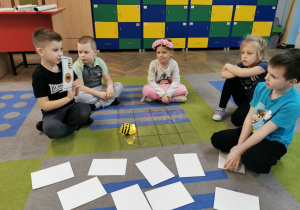 Dzieci z grupy "Słoneczek" siedzą na dywanie wokół rozłożonej maty do kodowania. Mieszko wylosował kartę, według której ma zaprogramować pszczółkę Bee Bot.