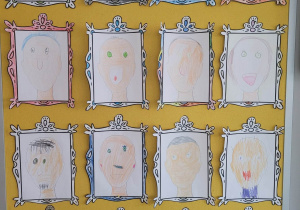 Portrety babć i dziadków namalowane przez dzieci z grupy Biedronek .