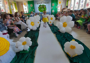 Dziewczynka w żółtej spódnicy, białej sukience i wianku na głowie idzie po białym dywanie. Po bokach leży zielony materiał, a na nim stoją balony stokrotkowe oraz siedzi publiczność - dzieci ze wszystkich grup. W tle dekoracja z okazji Dnia Ziemi.