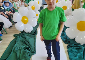 Samuel w zielonej koszulce i kwiatowym wianku na głowie idzie po białym dywanie między balonami w kształcie stokrotek. Po bokach siedzą dzieci - publiczność.
