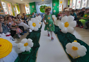Dziewczynka z grupy "Pszczółek" idzie po białym dywanie wśród stokrotkowych balonów. Ubrana jest w zieloną sukienkę w kwiatki, a na głowie ma wianek. Po bokach sali siedzą dzieci, a z tyłu wisi dekoracja z okazji Dnia Ziemi.