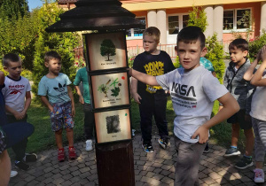 Franek stoi przy grze Światowid "Drzewa leśne" w ogrodzie przedszkolnym. Za chłopcem stoi kilkoro dzieci. W tle budynek przedszkola.