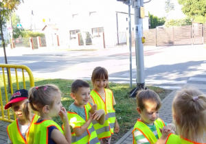 Dzieci obserwują przejście dla pieszych i działanie sygnalizacji świetlnej.