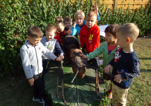 Chłopcy z grupy "Biedronek" pozują do zdjęcia przy rzeźbie mrówki Rudnicy na liściu oraz poznają jej budowę.