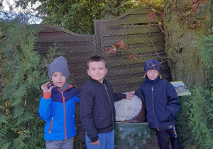 Samuel, Gabryś i Julek stoją przy rzeźbie kasztana w ogrodzie przedszkolnym.