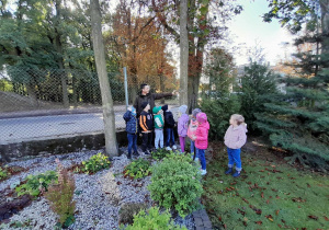 Pan leśnik wiesza na gałęzi drzewa pokarm dla ptaków. Obok stoi grupka dzieci. W tle drzewa liściaste i iglaste.