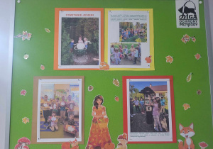 Na tablicy znajduje się fotorelacja z przedszkolnych obchodów „Powitania Jesieni”