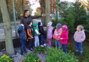 Pan leśnik i grupa dzieci z Biedronek i Słoneczek wieszają na gałęzi drzewa pokarm dla ptaków.