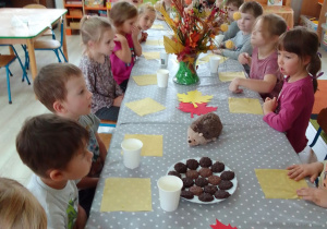 Biedronki podczas poczęstunku, na stole jesienna dekoracja, kolorowe serwetki a na talerzach czekoladowe „jeżyki”.