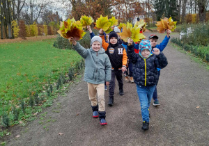 Przedszkolaki idą aleją w parku i podnoszą do góry wykonane bukiety z liści.