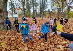 Dzieci z radością zbierają liście Platana w parku.