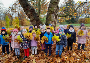 Dzieci stoją pod rozłożystym Platanem w parku i trzymają bukiety z liści.