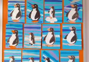 Tablica z pracami dzieci – Pingwiny w lodowej krainie.