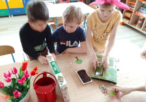 Kamil, Adam i Ula kończą składanie papierowej farmy. Na stole leżą: czerwona konewka, pojemnik z ziemią i koszyczek z tulipanami.