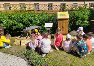 Dzieci z grupy "Słoneczka" przykucnęły obok ula dydaktycznego i ogladają tablice edukacyjne o pszczołach. Obok znajduje się rzeźba pszczoły.