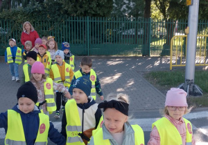 "Biedronki" przechodzą po pasach przez ulicę na zielonym świetle.