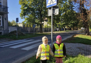 Alicja i Klara stoją przed znakiem oznaczającym przejście dla pieszych.