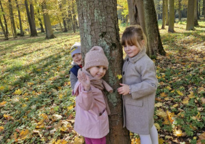 Zuzia, Weronika i Wojtuś bawią się wokół drzewa.