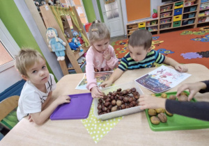 Ignaś, Oliwia i Szymon siedzą przy stoliku i oddzielają od siebie kasztany od orzechów.