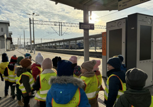 Dzieci w odblaskowych kamizelkach ustawione są w parach. W tle widać pociąg intercity.