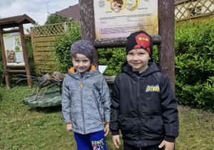 Oluś i Tymek stoją obok tablicy informacyjnej dotyczącej pszczół.
