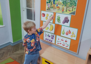 1.Dawid stoi przy tablicy i wskazuje na ilustracji owoce podane przez nauczycielkę.
