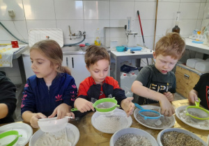 Troje dzieci przesiewa rozdrobnione ziarna zbóż przez sitka.