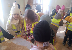 Dzieci stoją w trzech grupkach i przesiewają mąkę przez duże sita.