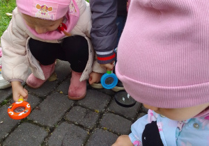 Dzieci obserwują owady przez szkło powiększające.
