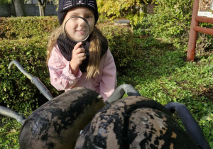 4.Zuzia z lupą w dłoni ogląda rzeźbę mrówki