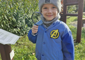 5.Olek ogląda rzeźbę mrówki z lupą w dłoni