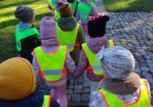 Pszczólki w kamizelkach odblaskowych idą parami do parku.