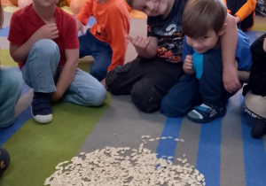 Grupka dzieci z ułożoną dynią z pestek.