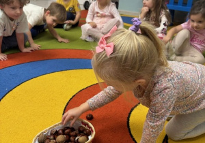 Dziewczynka wyjmuje z koszyka kasztany.