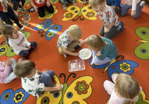 Ala i Emil siedząc na dywanie, oddzielają groch mały od dużego. Pozostałe dzieci przyglądają się. Zabawa inspirowana bajką "Księżniczka na ziarnku grochu".