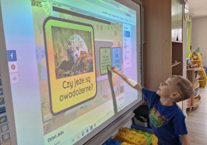 Olek w trakcie rozwiązywania zadania na tablicy multimedialnej.