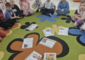 Dzieci siedzą w kole na dywanie. Na środku dywanu leżą karty demonstracyjne z ciekawostkami o misiach.
