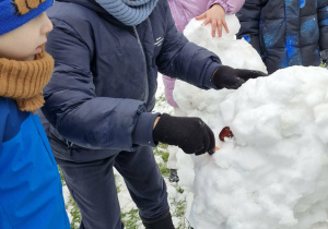 Franuś wkłada bałwankowi nos z marchewki.