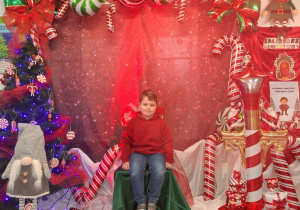 Julek siedzi na krześle wyłożonym zielonym materiałem na tle dekoracji.