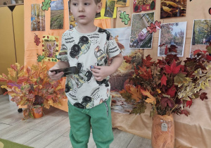 Michał z grupy Pszczółek pozuje do zdjęcia na tle dekoracji.