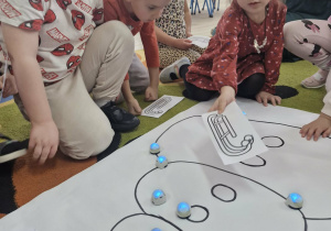 Dzieci przyglądają się jak po białym kartonie z narysowanym bałwanie jeżdżą ozoboty.