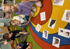 Dzieci siedzą w kole a na dywanie są ilustracje z różnymi kotami.