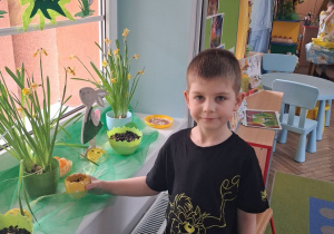 Mikołaj stawia pojemniki z owsem na parapecie w sali.