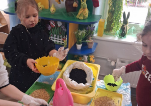 Grupka dziewczynek podczas pracy siania owsa.