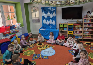 Dzieci siedzą w kole na dywanie, w środku leży duża wydrukowana kropla z napisem "Do czego używamy wody?".